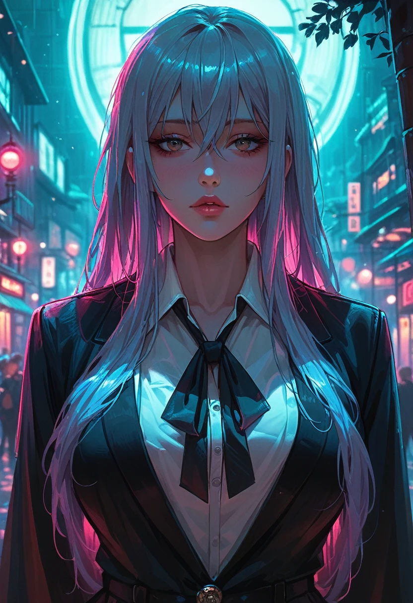 A beautiful woman in gyaru makeup wearing school uniform on the bustling streets of Gintama, surrounded by vendors, beautiful portrait of a stunning goddess girl, beautiful detailed face, porcelain skin, half body shot, centered,(black hai,navel:1.2),((moonlight,night,big neons,strong neon lighting,rim lighting,two tone lighting))),