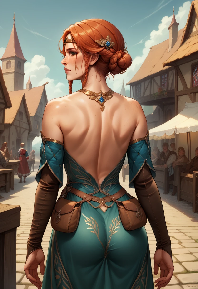 score_9, score_8_up, score_7_up, BREAK, score_9, TrssMeri, short hair, breasts, hair bun, elbow gloves, braid, dress, tiara, jewelry, freckles, pouch, looking at viewer, cowboy shot, ass, from behind, medieval, village