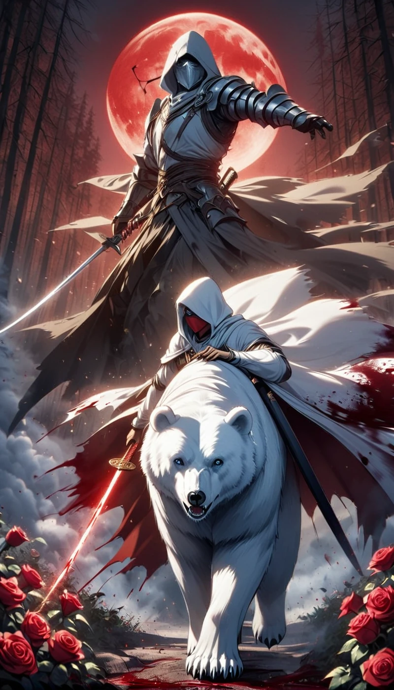 Dynamic picture, in it a man with a white hood with bear ears and a katana is riding a polar bear in a forest while the blood moon shines, many Roses cover the ground and lightning falls from the sky. The man wears a red blindfold.