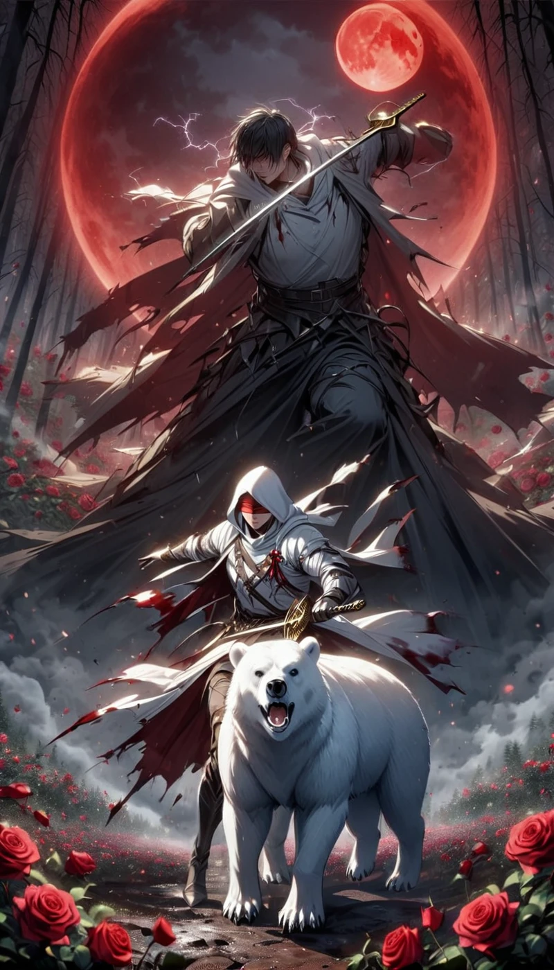 Dynamic picture, in it a man with a white hood with bear ears and a katana is riding a polar bear in a forest while the blood moon shines, many Roses cover the ground and lightning falls from the sky. The man wears a red blindfold.