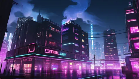 1 furina, neon cyberpunk building, synthwave, hookah, neon smoke, night.