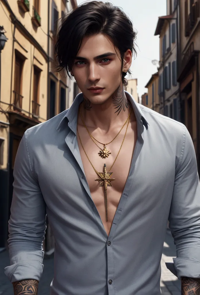 ultra detailed, male model, 1 man, wearing jewelry, tattoos, european, necklace, gold north star compass necklace, smart casual,...