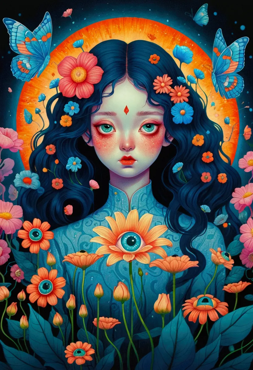 a poster，there is a flower，there are big eyes on it，surrounded by flowers, digital art inspired by marco mazzoni, winner of the ...