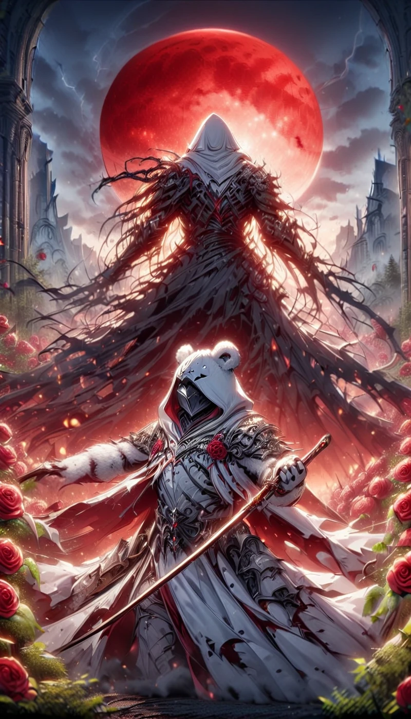 Dynamic picture, in it a man with a white hood with bear ears and a katana is riding a polar bear in a forest while the blood moon shines, many Roses cover the ground and lightning falls from the sky. The man wears a red blindfold.