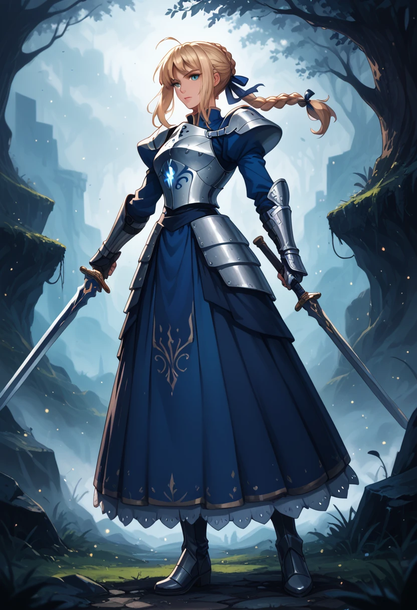 score_9, score_8_up, score_7_up, score_6_up, BREAK Anime - Stylistic image of Artoria Pendragon (braid, dress, ribbon, hair ribbon, armor, gauntlets, armored dress, boots:1.2), standing with a large sword, resting on sword, BREAK Kushatt Krenz Key Art Women, Extremely detailed Artgerm, Artgerm on ArtStation Pixiv, BREAK Epic light novel art cover, gorgeous female paladin, trending on artstation pixiv, Portrait Chevaliers du Zodiaque Fille, BREAK dimly lit spooky mansion, midnight, shallow depth of field, BREAK highly detailed, bokeh, moody, epic, gorgeous, grainy, BREAK (ultra-detailed), (best illustration), (best shadow), (absurdres), (detailed background), (very aesthetic).