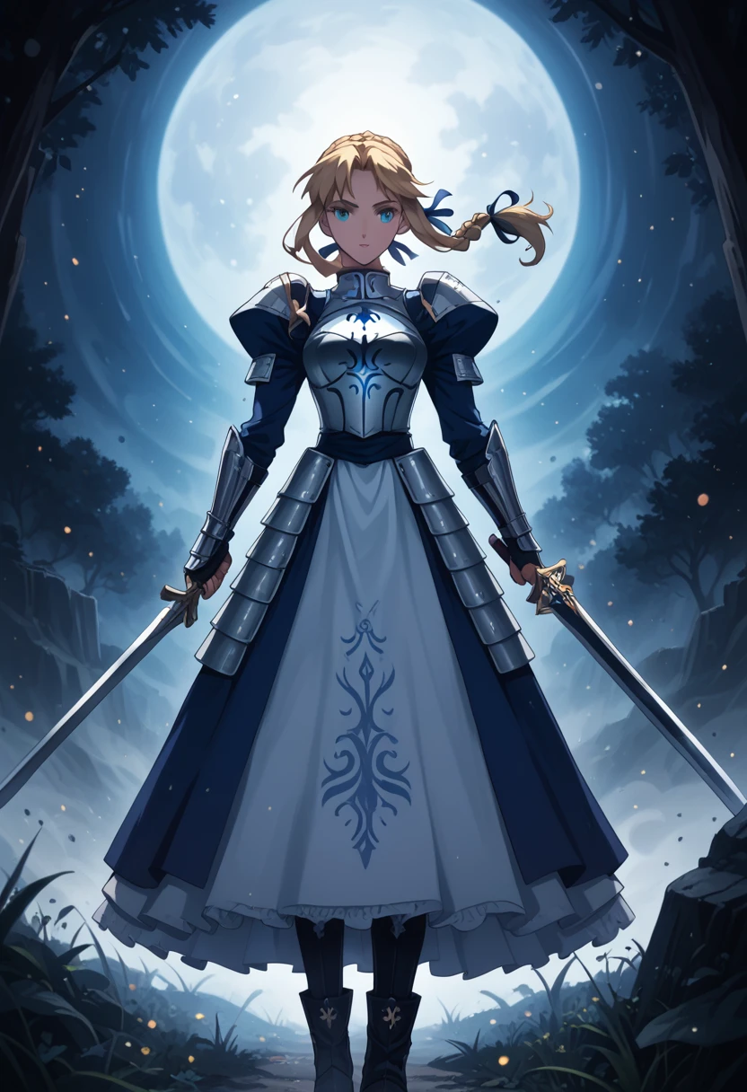 score_9, score_8_up, score_7_up, score_6_up, BREAK Anime - Stylistic image of Artoria Pendragon (braid, dress, ribbon, hair ribbon, armor, gauntlets, armored dress, boots:1.2), standing with a large sword, resting on sword, BREAK Kushatt Krenz Key Art Women, Extremely detailed Artgerm, Artgerm on ArtStation Pixiv, BREAK Epic light novel art cover, gorgeous female paladin, trending on artstation pixiv, Portrait Chevaliers du Zodiaque Fille, BREAK dimly lit spooky mansion, midnight, shallow depth of field, BREAK highly detailed, bokeh, moody, epic, gorgeous, grainy, BREAK (ultra-detailed), (best illustration), (best shadow), (absurdres), (detailed background), (very aesthetic).