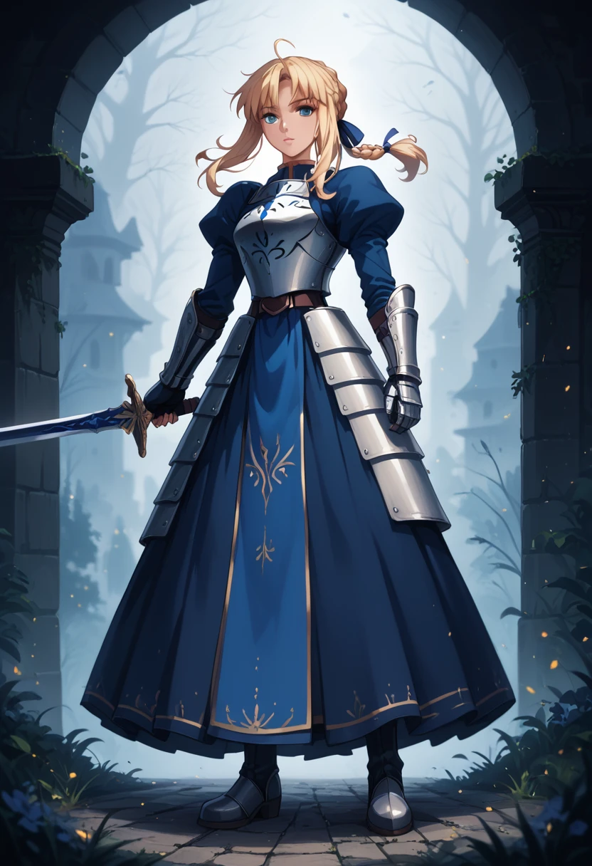 score_9, score_8_up, score_7_up, score_6_up, BREAK Anime - Stylistic image of Artoria Pendragon (braid, dress, ribbon, hair ribbon, armor, gauntlets, armored dress, boots:1.2), standing with a large sword, resting on sword, BREAK Kushatt Krenz Key Art Women, Extremely detailed Artgerm, Artgerm on ArtStation Pixiv, BREAK Epic light novel art cover, gorgeous female paladin, trending on artstation pixiv, Portrait Chevaliers du Zodiaque Fille, BREAK dimly lit spooky mansion, midnight, shallow depth of field, BREAK highly detailed, bokeh, moody, epic, gorgeous, grainy, BREAK (ultra-detailed), (best illustration), (best shadow), (absurdres), (detailed background), (very aesthetic).