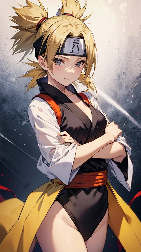 (upper body:1.3),Temari,yellow hair,short hair,Quad Tails,Forehead Protector,Headband,Japanese Clothes,Black Kimono,Red Belt,leotard,smile,cleavage,small breasts,bare legs,thighs,masterpiece,Noise Reduction,perfect anatomy,high resolution, ultra-detailed, ultra-detailed face,game cg,dutch angle ,beautiful detailed eyes,visualart,five fingers, perfect hands, perfect lighting, sparkling pupils,