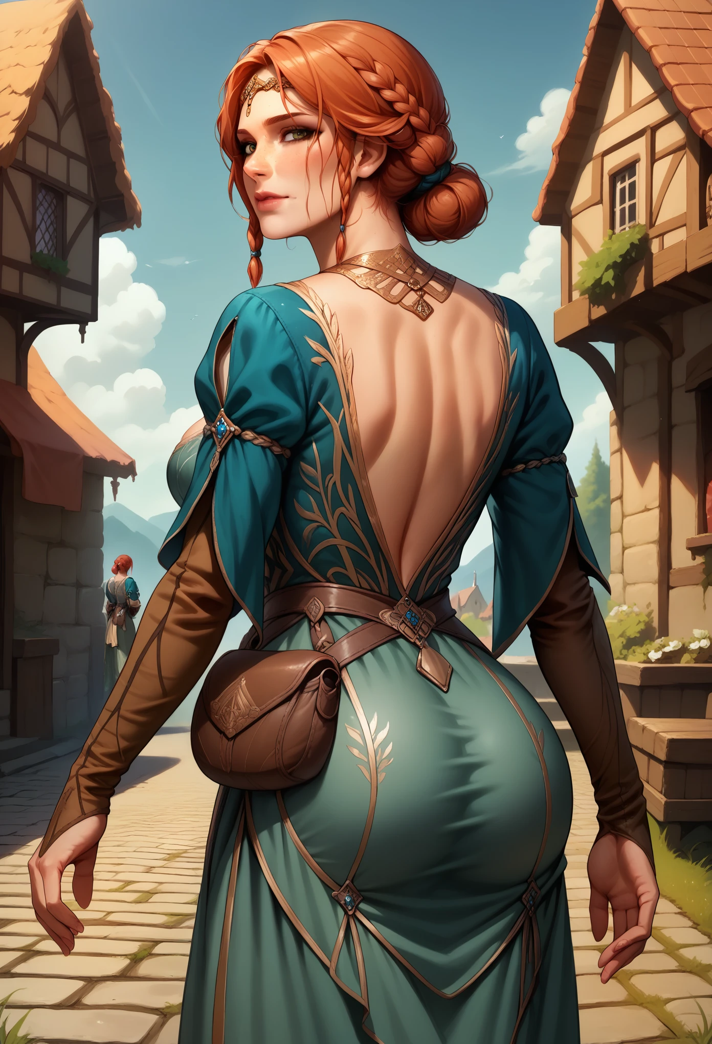 score_9, score_8_up, score_7_up, BREAK, score_9, TrssMeri, short hair, breasts, hair bun, elbow gloves, braid, dress, tiara, jewelry, freckles, pouch, looking at viewer, cowboy shot, ass, from behind, medieval, village