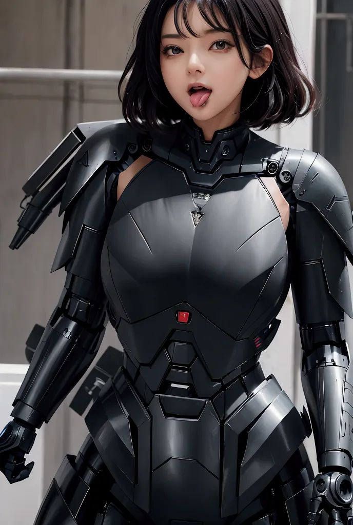 black hair　  the waist is small　looking at me and sticking out his tongue　black mecha suit