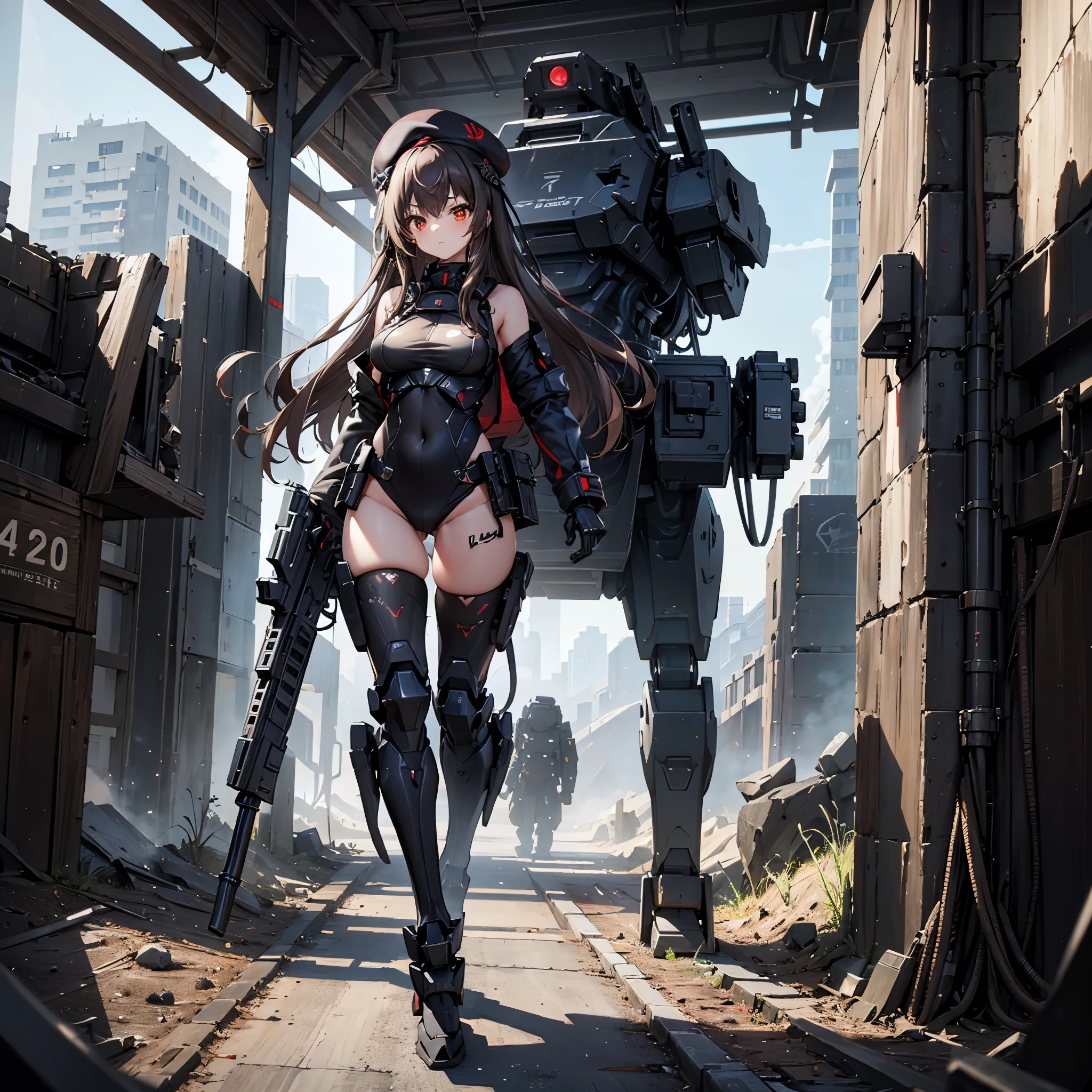 high resolution、Detailed drawing、Beautiful background、NOD、Lapi、cute、sexy、Black Beret、(Brown Hair、semi-long、Straight Hair)、Black and crimson military uniform、Black leotard、One Girl、(hk416、rifle、Gun of the Future)、Strengthen the outer frame、Medium sized breasts、Revealing clothing、Holding a gun、Fighting Pose、Android、Mechanical Body、(Futuristic sci-fi background、A giant combat robot in the background)、Cool Beauty、Sideboob、Knee on the ground