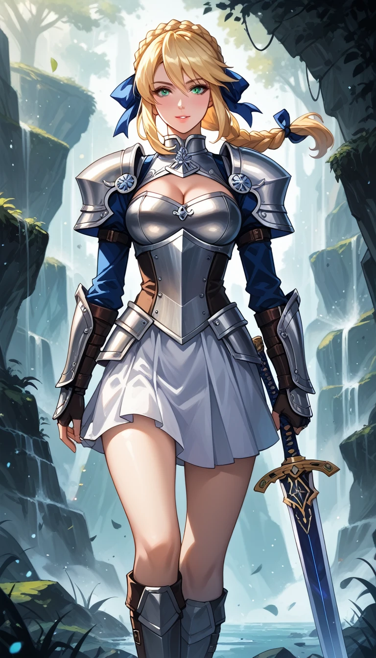 score_9, score_8_up, score_7_up, score_6_up, BREAK Anime - Stylistic image of Artoria Pendragon (braid, short dress, ribbon, hair ribbon, armor, gauntlets, armored dress, boots:1.2), BREAK cleavage, (standing with a large sword, resting on sword:1.3), BREAK Kushatt Krenz Key Art Women, Extremely detailed Artgerm, Artgerm on ArtStation Pixiv, BREAK Epic light novel art cover, gorgeous female paladin, trending on artstation pixiv, Portrait Chevaliers du Zodiaque Fille, BREAK dimly lit spooky mansion, midnight, shallow depth of field, BREAK highly detailed, bokeh, moody, epic, gorgeous, grainy, BREAK (ultra-detailed), (best illustration), (best shadow), (absurdres), (detailed background), (very aesthetic).