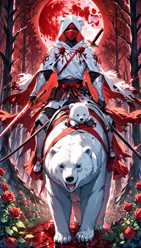 a man with a white hood with bear ears and a katana is riding a polar bear in a forest while the blood moon shines, many roses c...