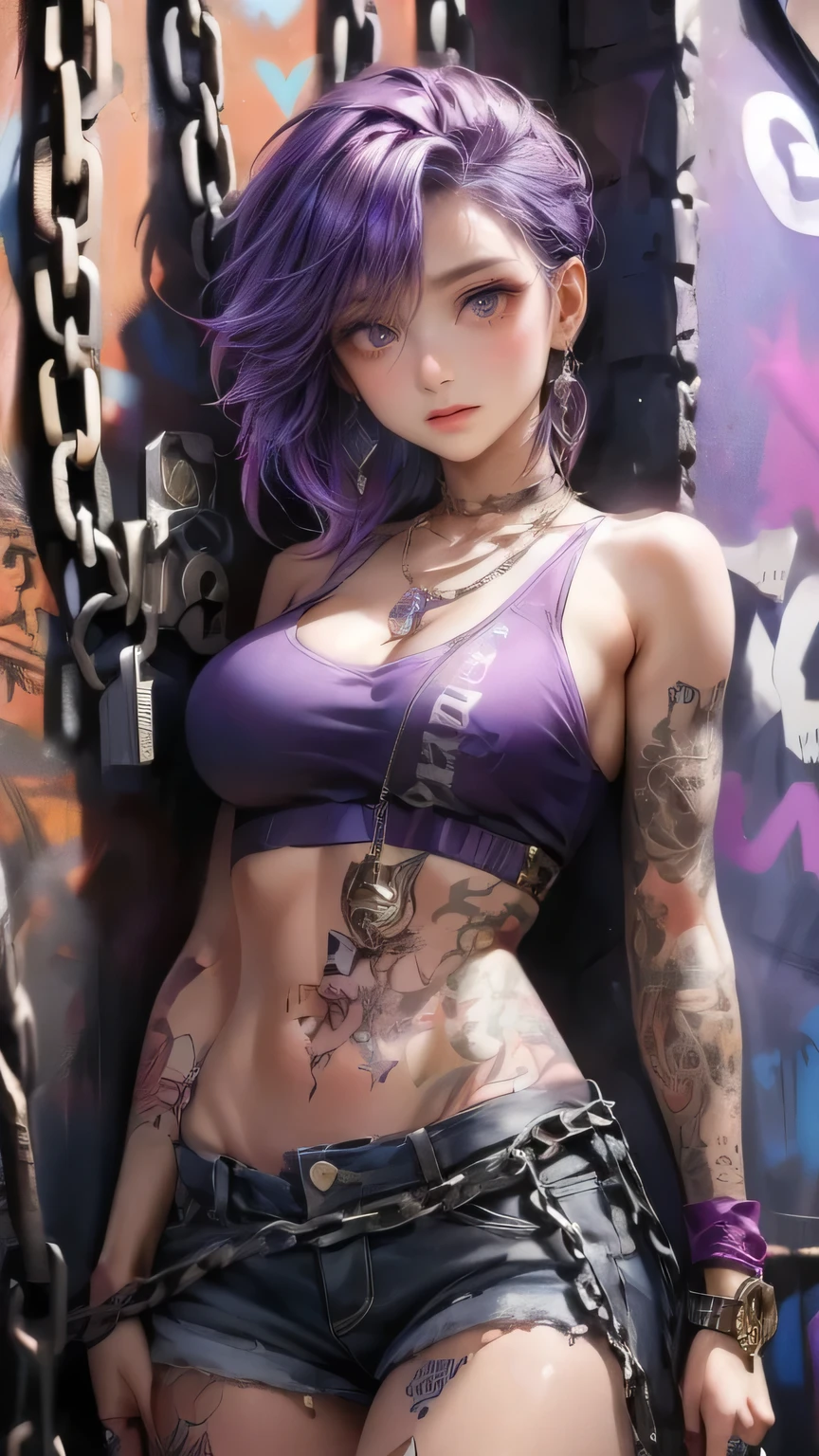 beautiful girl with vibrant purple hair, covered in tattoos, proudly displaying a key-shaped earring while standing in front of a graffiti-covered wall with thick-chains wrapped around her waist