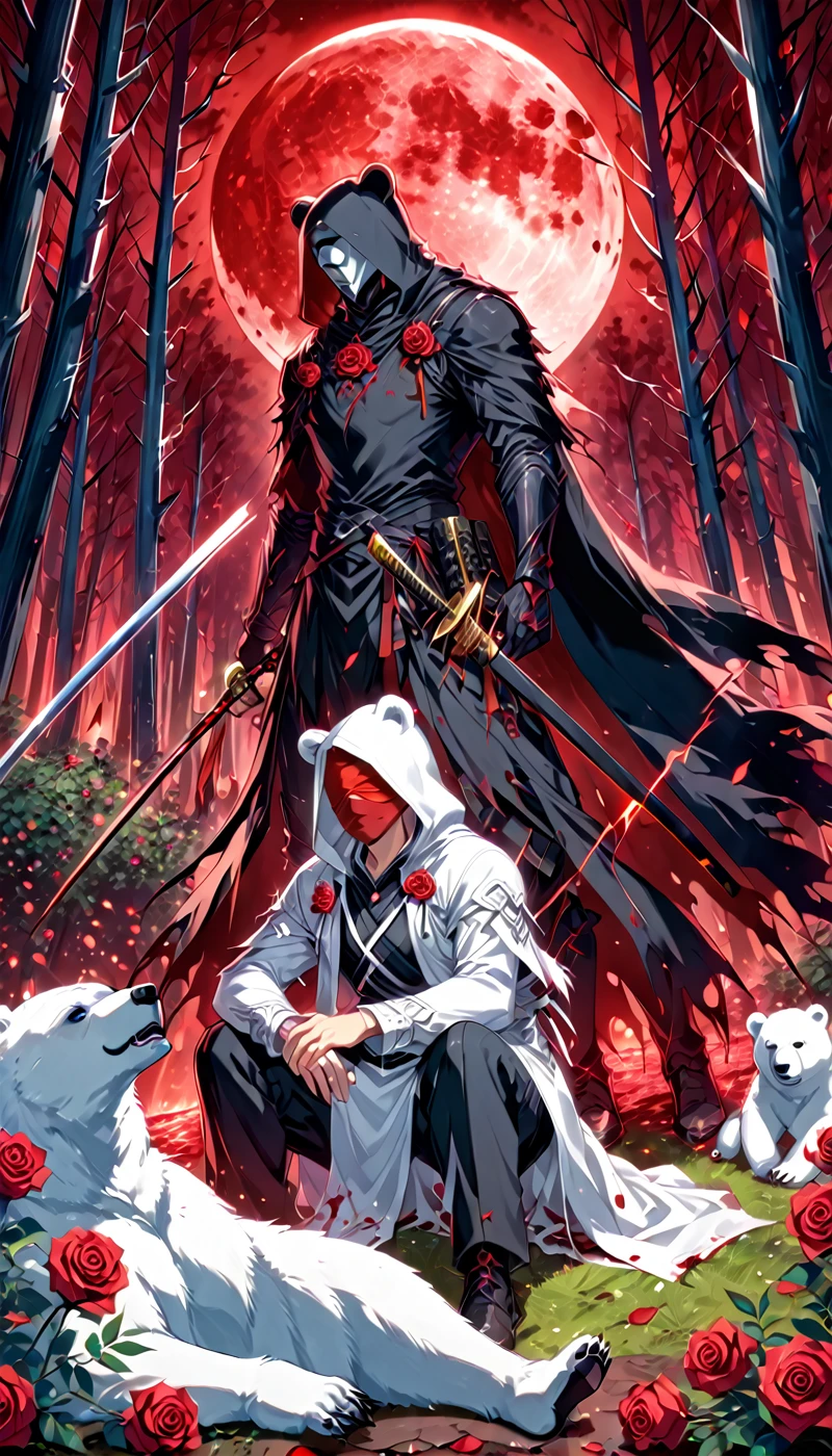 A man with a white hood with bear ears and a katana sits next to a polar bear in a forest while the blood moon shines, many Roses cover the ground and lightning falls from the sky. The man wears a red blindfold.