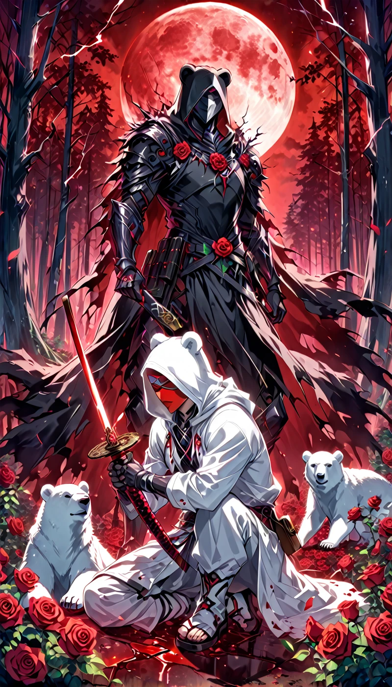 A man with a white hood with bear ears and a katana sits next to a polar bear in a forest while the blood moon shines, many Roses cover the ground and lightning falls from the sky. The man wears a red blindfold.