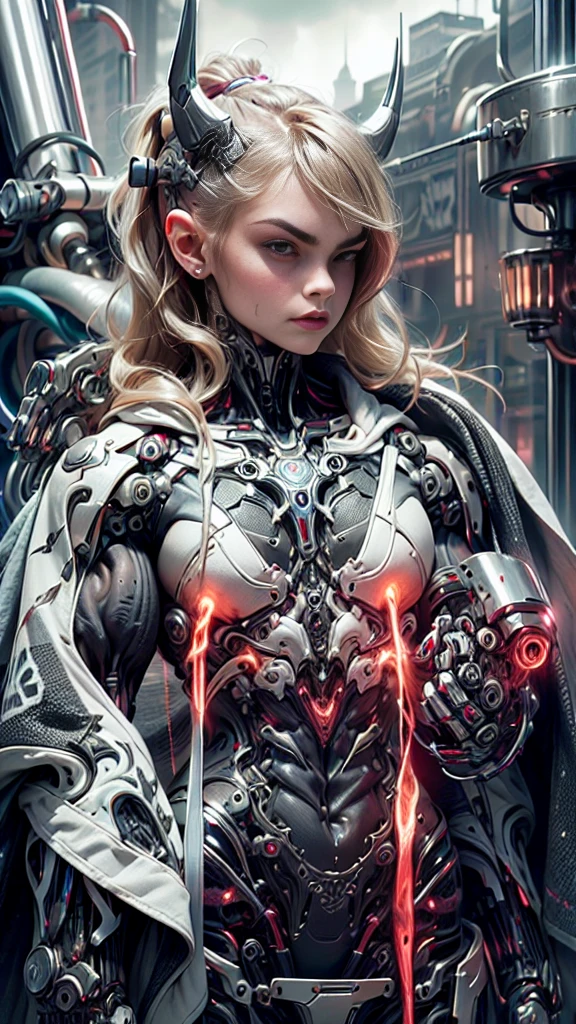 (1 girl), (cara delevingne), (muscular android girl wearing a black anatomic cybernetic muscle suit:1.25), (wide shoulders:1.25), (muscular defined physique:1.25), perfect hands, long hair, large breasts, high resolution image, extreme detail, blank background