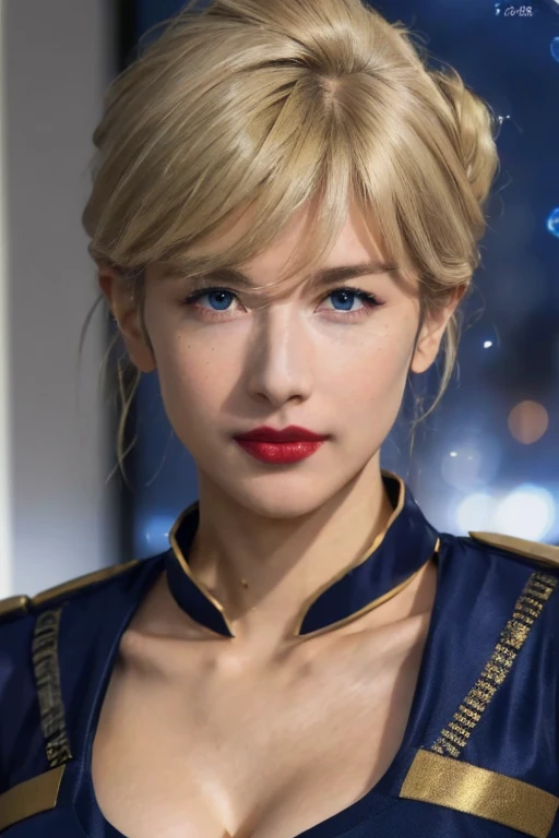 (Night:1.7), Japan, Tokyo, CityView, Before Window,
Standing at attention,
Blue_military_uniform,pantyhose, a uniform with gold trims and a collar,DEEP_cleavage, collarbone,shirt,belt,
blonde hair,blue eyes,lipstick, Bangs,Hair_bun,
1 girl, 20yo,Young female,Beautiful Finger,Beautiful long legs,Beautiful body,Beautiful Nose,Beautiful character design, perfect eyes, perfect face,expressive eyes,
looking at viewer, in the center of the image,(Upper_body),(Focus on her face),
official art,extremely detailed CG unity 8k wallpaper, perfect lighting,Colorful, Bright_Front_face_Lighting,
(masterpiece:1.0),(best_quality:1.0), ultra high res,4K,ultra-detailed,
photography, 8K, HDR, highres, absurdres:1.2, Kodak portra 400, film grain, blurry background, bokeh:1.2, lens flare, (vibrant_color:1.2)
(Beautiful,large_Breasts:1.4), (beautiful_face:1.5),(narrow_waist),