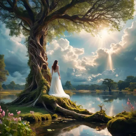 1 girl, (liv tyler in a celestial white dress),enchanting, pond setup, girl on one knee serene, distant from viewer, dynamic clo...