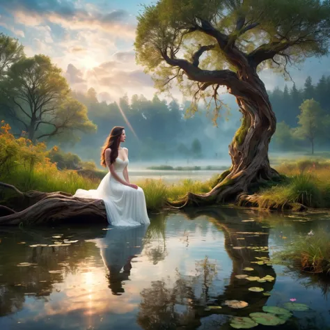 1 girl, (liv tyler in a celestial white dress),enchanting, pond setup, girl on one knee serene, distant from viewer, dynamic clo...