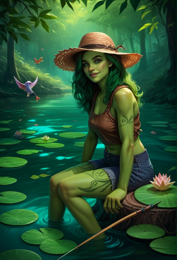 a mighty green hulk sitting on a tree stump in a lush swamp, holding a fishing rod and wearing a straw hat, surrounded by lily pads, leaves, and birds flying overhead, light smile on his face, detailed realistic portrait, highly detailed, cinematic lighting, vibrant colors, 8k, hyperrealistic, masterpiece