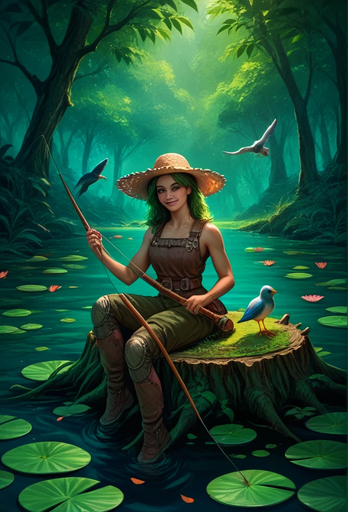 a mighty green hulk sitting on a tree stump in a lush swamp, holding a fishing rod and wearing a straw hat, surrounded by lily pads, leaves, and birds flying overhead, light smile on his face, detailed realistic portrait, highly detailed, cinematic lighting, vibrant colors, 8k, hyperrealistic, masterpiece