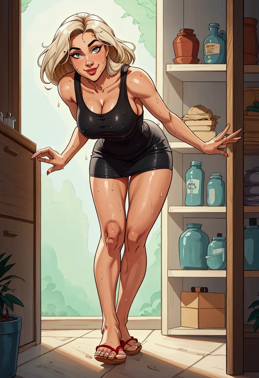 from behind, reaching the top shelf, natural, High resolution, Whole body, Sexy MILF with a perfect body, extraordinary beauty, extraordinarily attractive, Super fine face and eyes., perfect face, Beautiful smile, by rubio, dark long sleeveless t-shirt, big booty brasileño natural colgando de la minifalda, Slavic squat, Wet, chancletas, Beautiful feet, perfect feet, perfect fingers, detailed feet, big booty