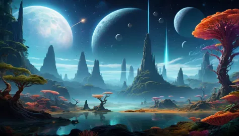 "create a detailed description of a sci-fi digital painting depicting an otherworldly landscape that includes:
* unusual and exo...