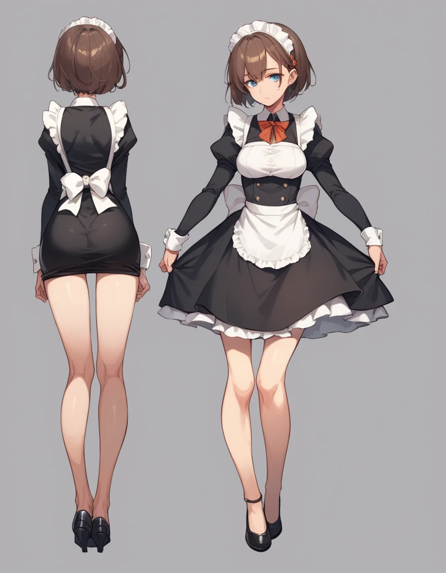 Sexy maid,brown short hair ,blue eyes, making breakfast, full body,3 frame comic