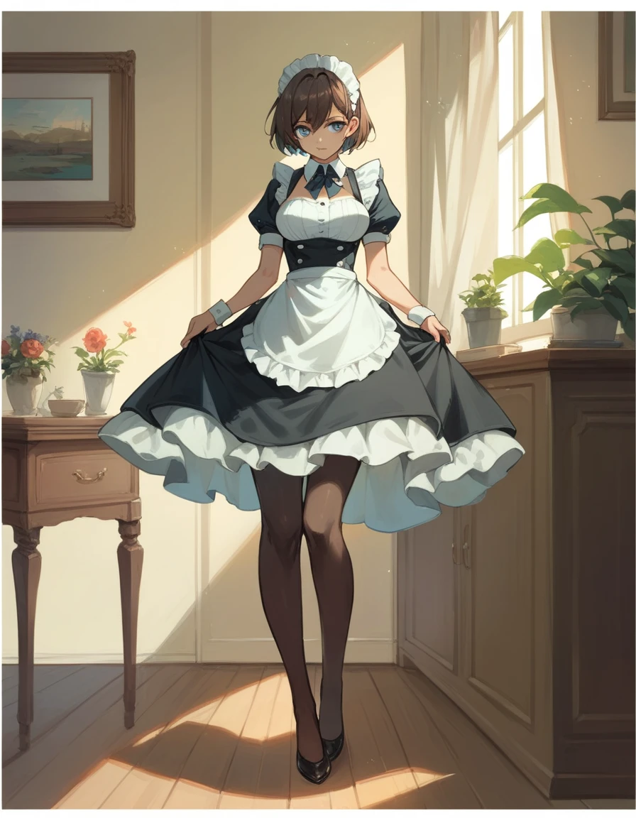 Sexy maid,brown short hair ,blue eyes, making breakfast, full body,3 frame comic