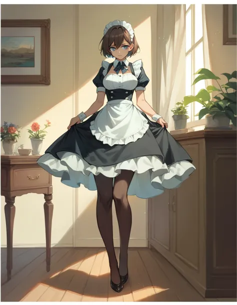 sexy maid,brown short hair ,blue eyes, making breakfast, full body,3 frame comic