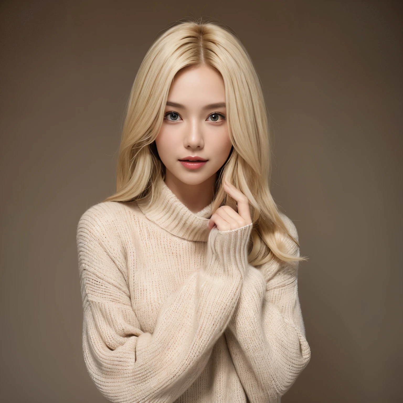 Portrait of a blonde model wearing a warm designer sweater, Brand clothing style, The sweater is completely exposed,  GH5, Happy expression, Low key image, Clear Texture - Image #2 @Slim Slim