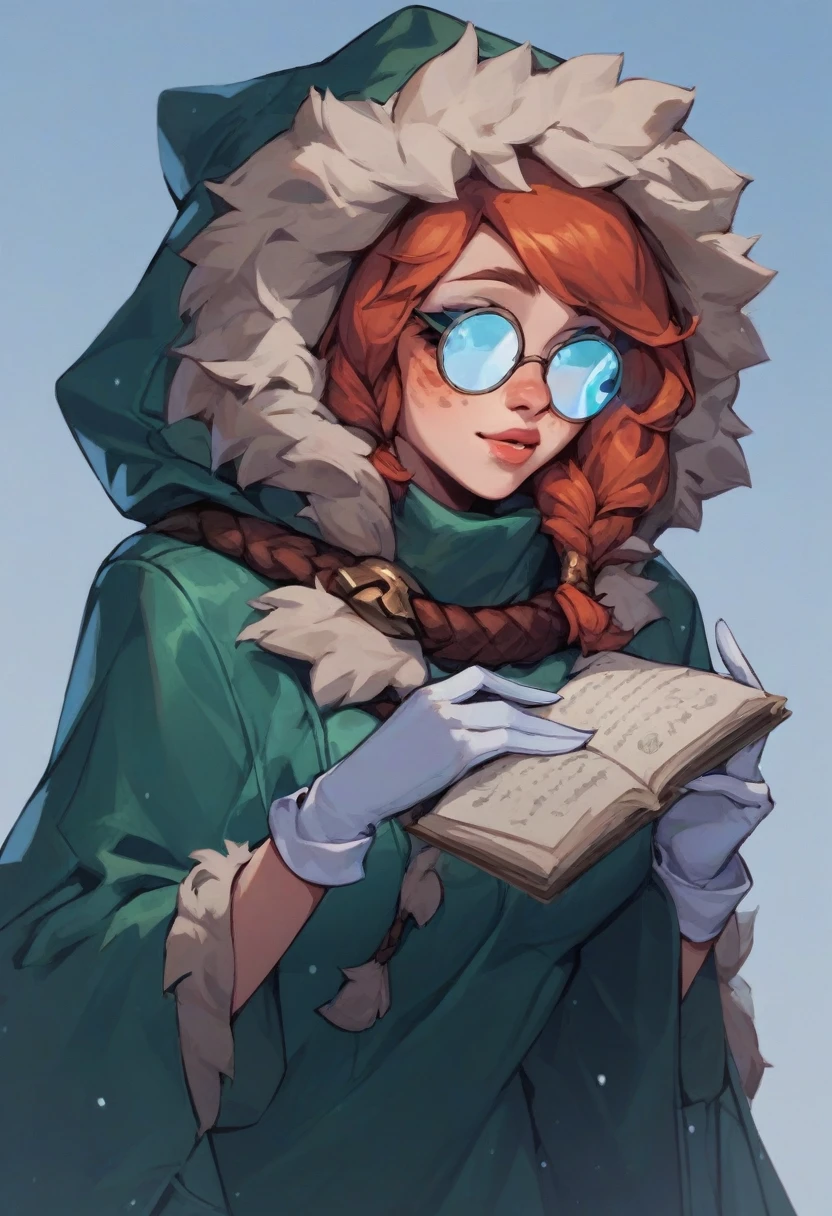 check_9, check_8_up, check_7_up, Polar Lights (League of Legends), 1 girl, freckles, bang, Hair, opened green raincoat, fur trim, hood up, the library, round glasses, opaque glasses, White gloves, Holding a book, Open the book, nsfw, breasts 