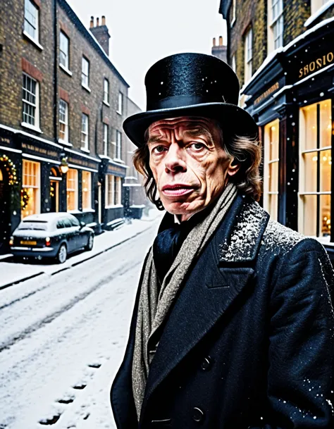 cinematic closeup portrait photo, christmas of mick jagger. as bob cratchit (wearing lower class dickensian clothes, dark coat, ...