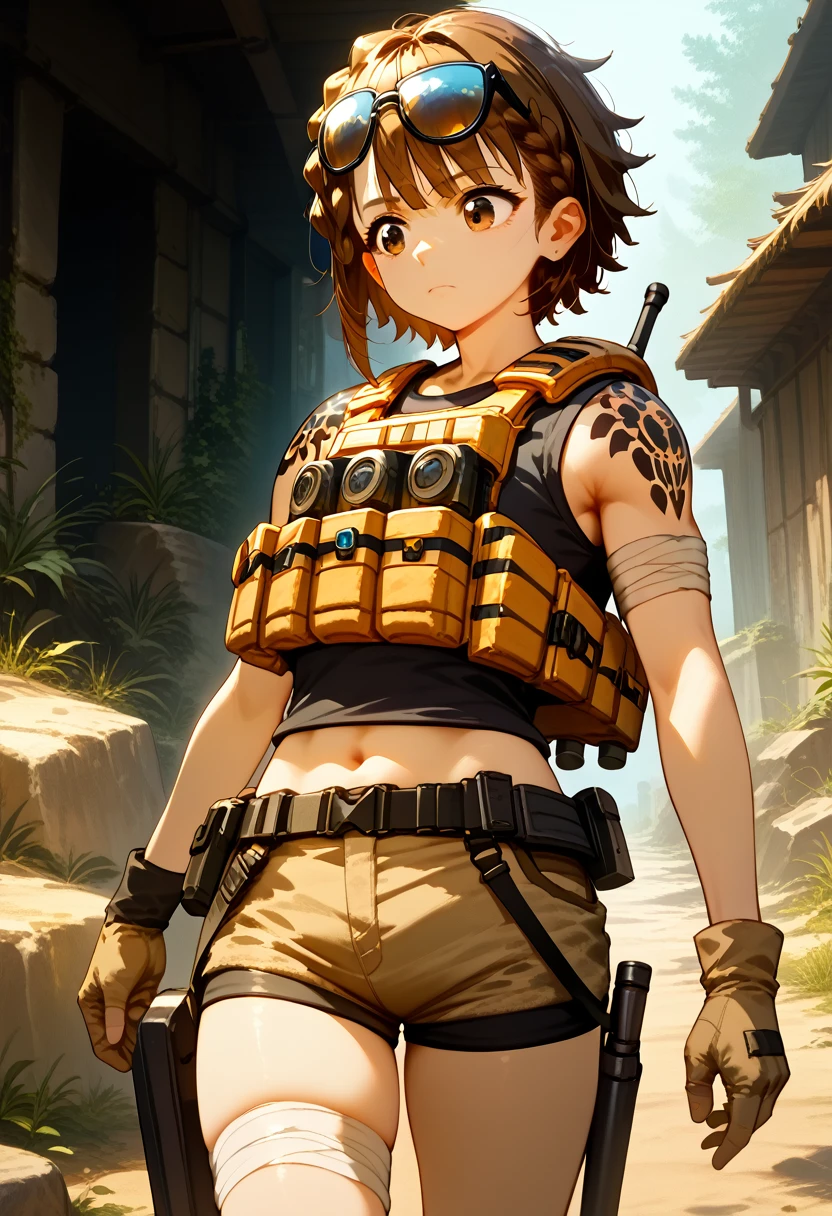 dltnkk, brown eyes, brown hair, short hair, braid, eyewear on head, shoulder tattoo, load bearing vest, bulletproof vest, bandaged arm, gloves, bandaged leg, short shorts, brown shorts 