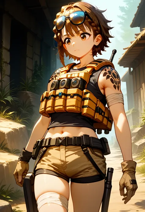 dltnkk, brown eyes, brown hair, short hair, braid, eyewear on head, shoulder tattoo, load bearing vest, bulletproof vest, bandag...