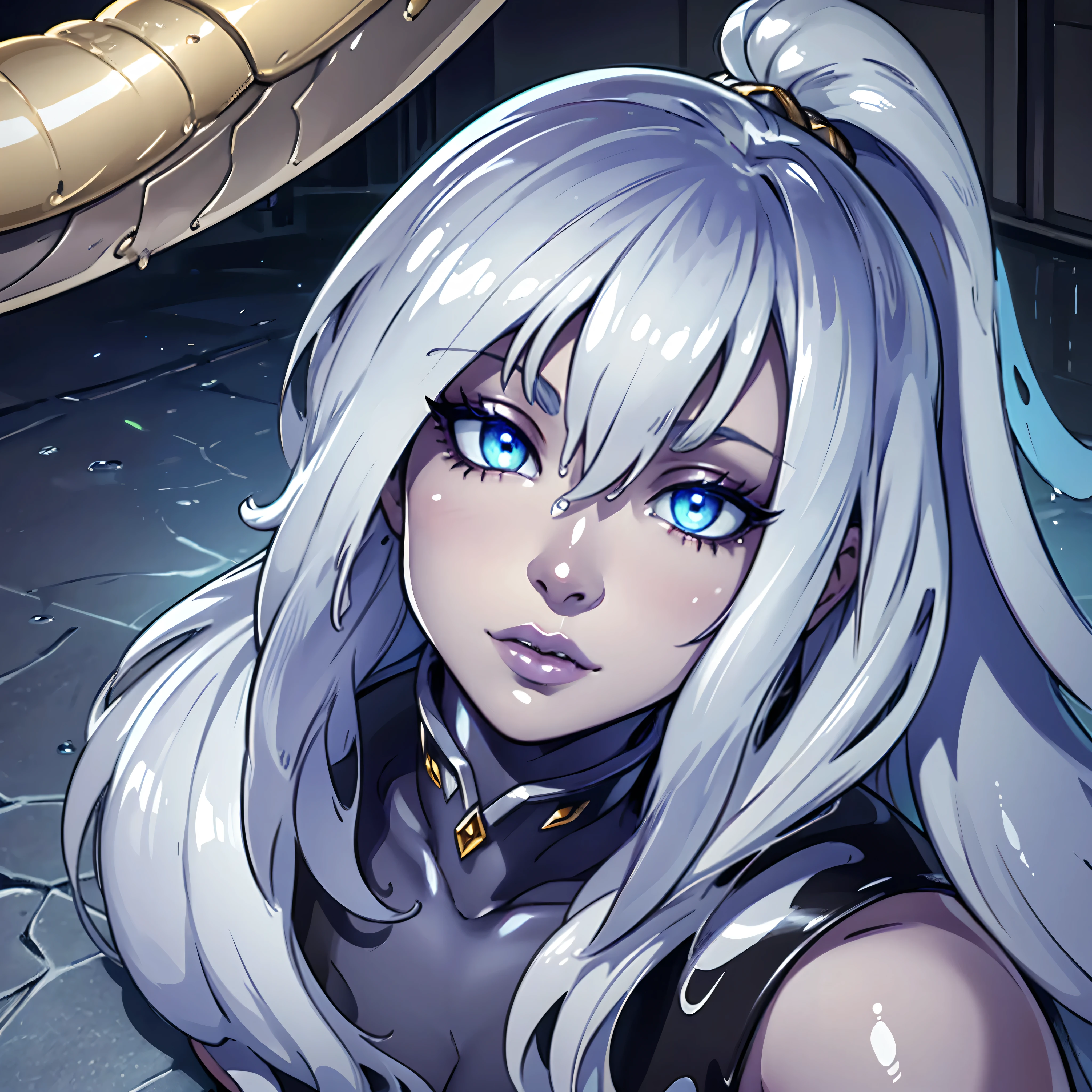 (best quality,ultra-detailed,realistic),shiny metallic slime girl,chrome,silver slime,reflective metallic surfaces,beautiful detailed eyes,beautiful detailed lips,extremely detailed face,thin silver hair,glowing silver markings,smooth and sleek body,reflective light and shadows,portrait,studio lighting,vivid colors