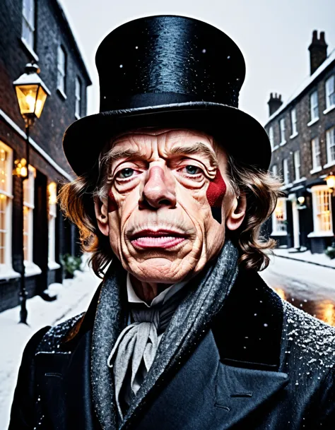 cinematic closeup portrait photo, christmas of mick jagger. as a "muppets" (wearing lower class dickensian clothes, dark coat, w...