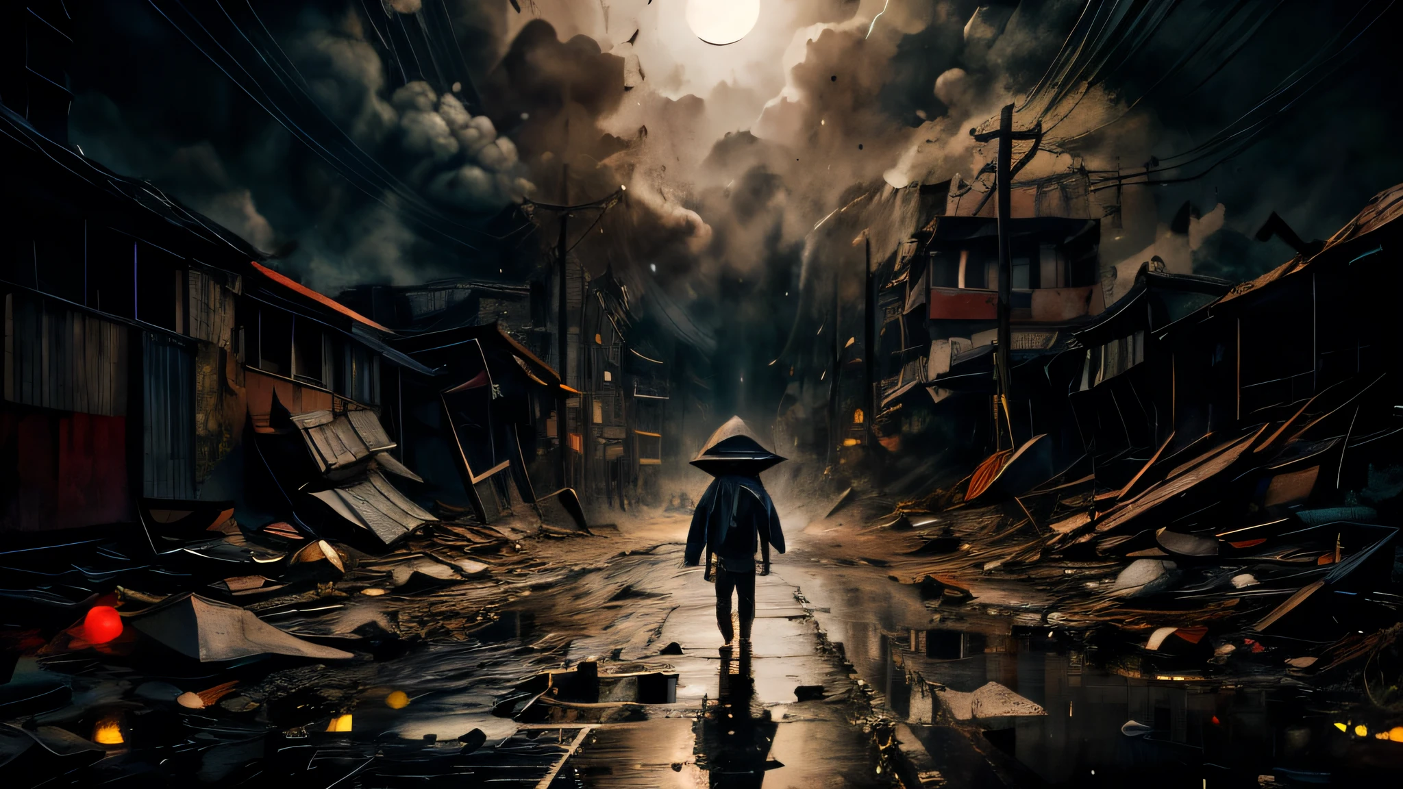 a dilapidated abandoned child at night, rain pouring down, wet roads, dark cloudy sky, smoke and dirt, atmospheric lighting, cinematic mood, dramatic shadows, gritty realism, award winning composition, hyper detailed, intricate details, photographic quality, professional photography, masterpiece