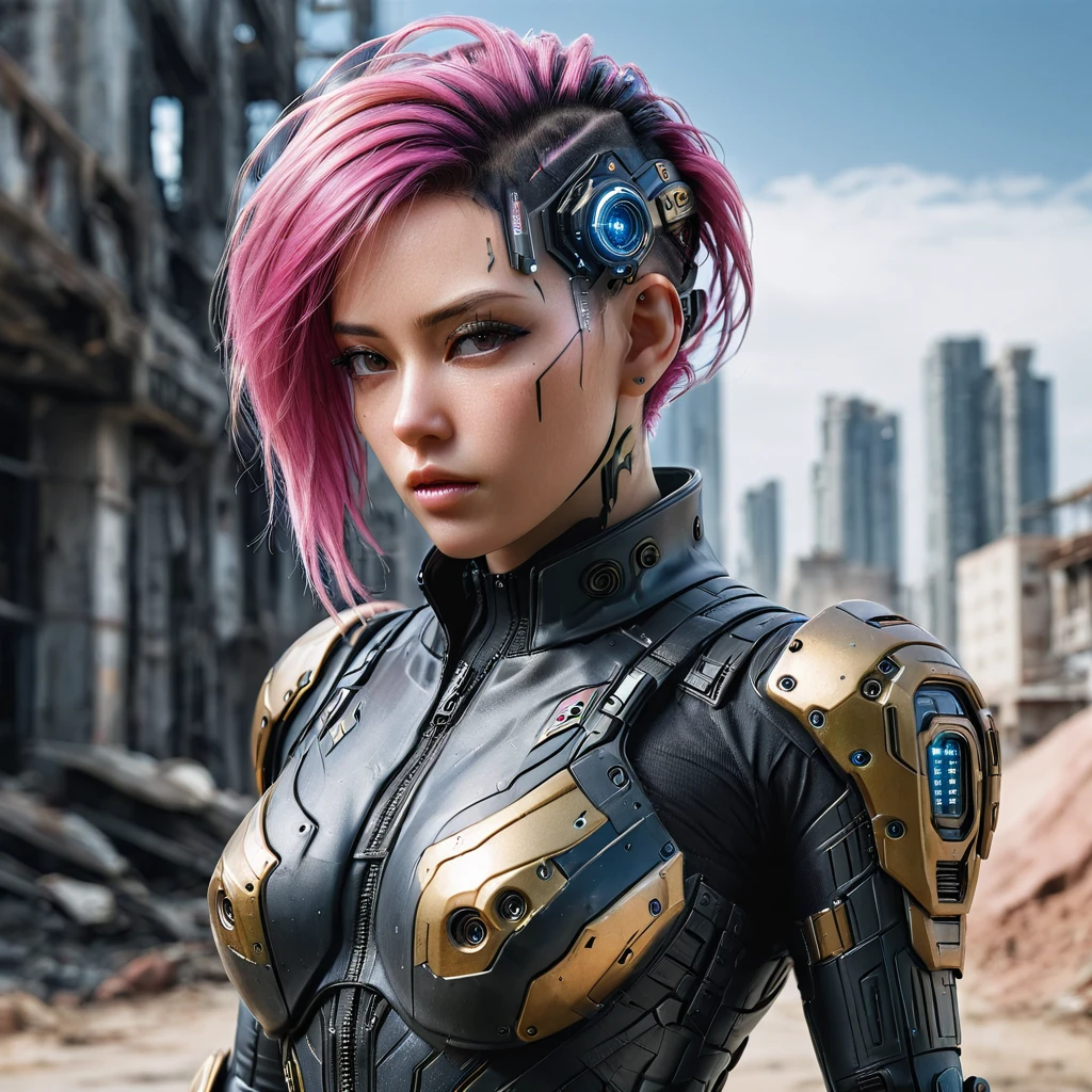 a realistic photo, hdr photo realistic, hyper detailed, very high definition, single woman, wearing a futuristic gel combat suit, black and gold, mecha style, hyper details at the level of the suit, she has pink hair moving with a light wind, her curves are voluptuous, she looks at the sky thoughtfully, the features of her face are realistic, she holds a gun in her hand, the background is a post-apocalyptic city, all the details of the scene make this photo is a masterpiece, Anatomie correcte, Fiche de personnage de corps entier,Gros seins, 