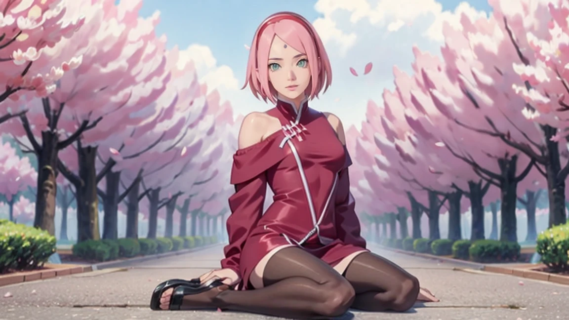 tmasterpiece， Best quality at best， 1girl， Sakura Haruno， small breasts，Off-the-shoulder attire，（cleavage)，（upperbody)，Raised sexy，is shy，ssmile，with pink hair，short hair， （Green eyeballs:1.4)， Forehead protection， the cherry trees，Cherry blossoms flying，Red clothes，Zipper half, sitting on the ground