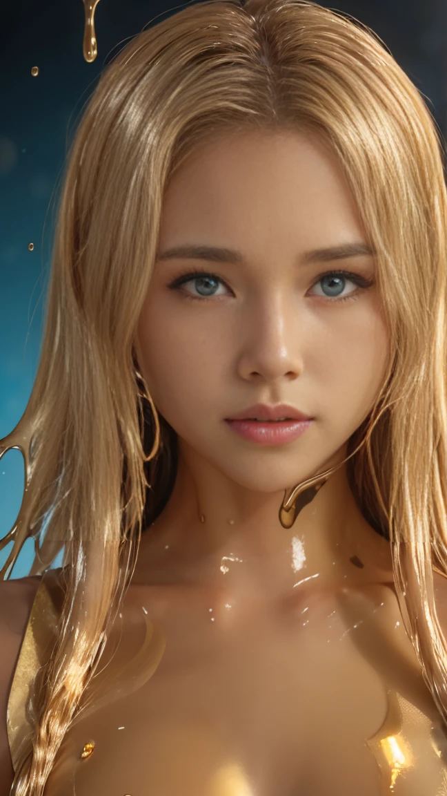 (High resolution,Tabletop:1.2),Super detailed,(Realistic:1.37),Portraiture,Full Body Shot、Slime Girl、Covered in golden slime, (Partially transparent), (Wet), (Blue Sweat), Golden liquid dripping from her body. Her hair is also Covered in golden slime. Golden slime scattered, Golden Hair, blue eyes、Super cute face