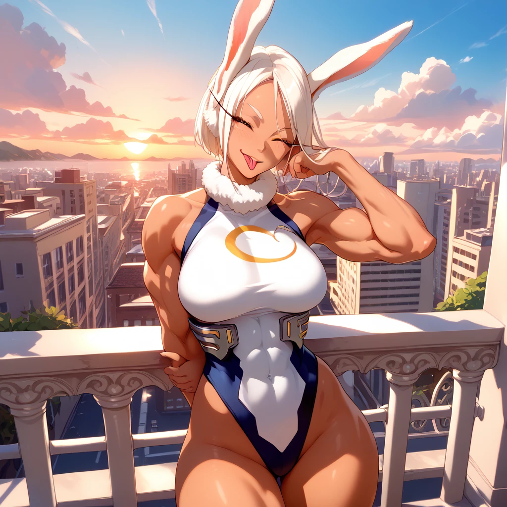 (Nsfw), 1 female, Mirko from MHA, short hair, tongue out, winking, front view, muscular,front double bicep, balcony, urban background, sunset, long bunny ears.