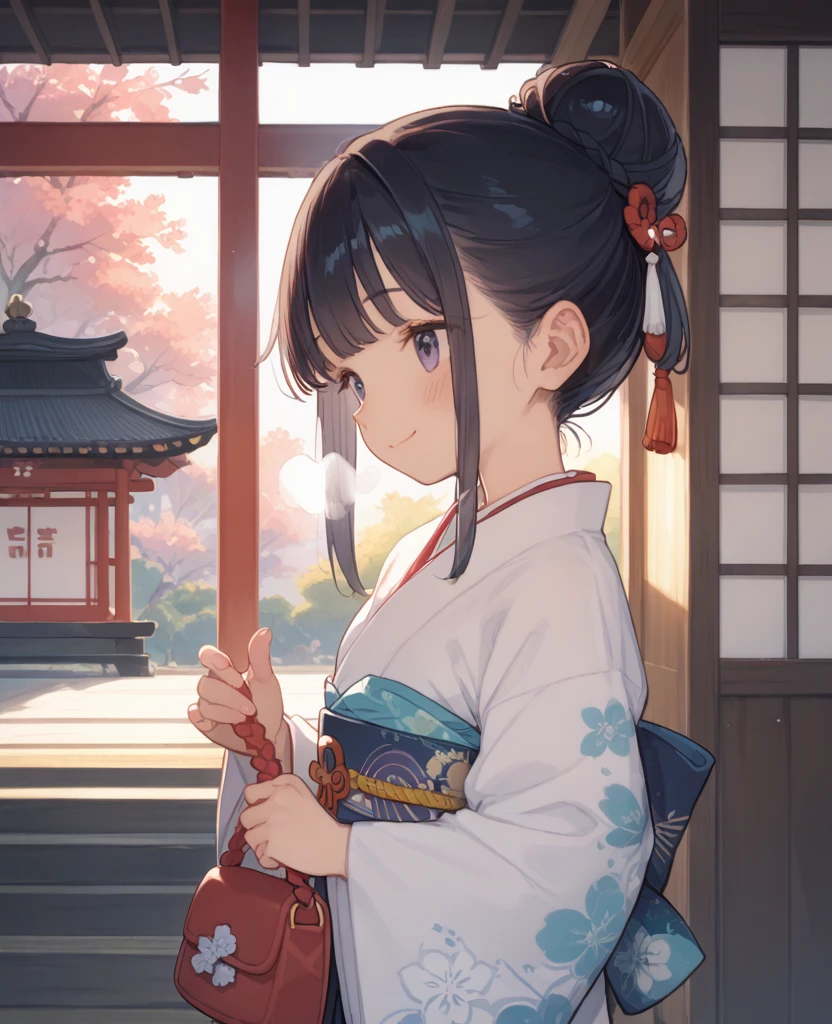 1girl, 独奏, Long-sleeved kimono, fur, 梅の花柄のLong-sleeved kimono, standing, smiling, Bun Hair, Neat bangs, blush, Shrine Background, morning, Sunlight, Pretty Obi, White Breath, Holding a small purse in both hands, 