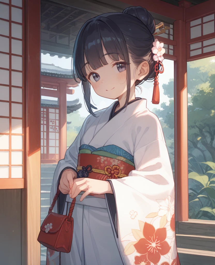 1girl, 独奏, Long-sleeved kimono, fur, 梅の花柄のLong-sleeved kimono, standing, smiling, Bun Hair, Neat bangs, blush, Shrine Background, morning, Sunlight, Pretty Obi, White Breath, Holding a small purse in both hands, 