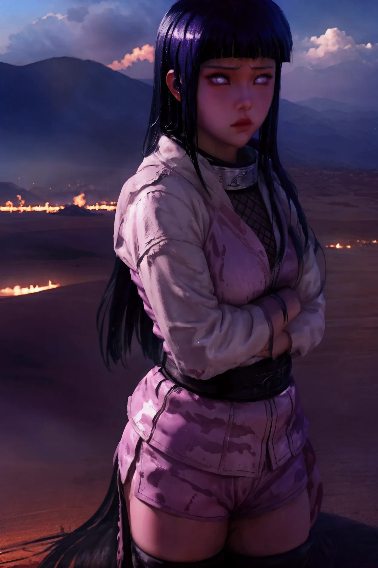 hyper realistic hinata standing still with bayakugan and destroyed desert in background