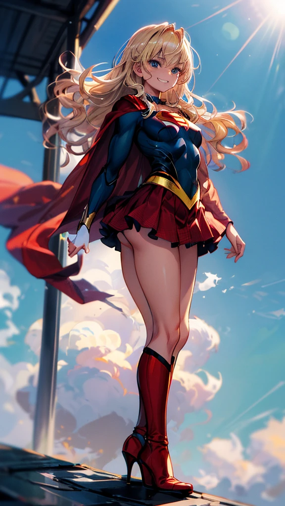 masterpiece, 4K, 8k, high quality, Very detailed, Detailed face, High resolution, Vibrant colors, Natural light, Best Shadow, Shallow depth of field, Portraiture (Supergirl:1.1) standing on a roof, smile, Red Skirt, Red Cape, red boots with heels, delicate, Captivating blue eyes, Nice medium sized breasts, blonde, (Superman symbol on chest:1.2), barefoot, blue sky, sunlight, cloud, sun, bloom,