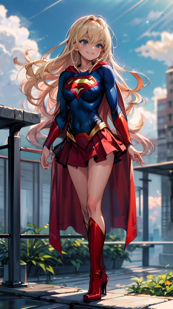 masterpiece, 4K, 8k, high quality, Very detailed, Detailed face, High resolution, Vibrant colors, Natural light, Best Shadow, Shallow depth of field, Portraiture (Supergirl:1.1) standing on a roof, smile, Red Skirt, Red Cape, red boots with heels, delicate, Captivating blue eyes, Nice medium sized breasts, blonde, (Superman symbol on chest:1.2), barefoot, blue sky, sunlight, cloud, sun, bloom,