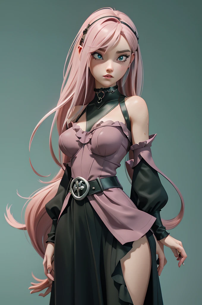 A beautifully designed 3d digital avatar of a young woman with an alternative gothic style. The character has dark, flowing hair with soft pink highlights, wearing a subtle choker and a stylish outfit that mixes dark tones with aqua green accents. The background is a gradient from black to soft pink with hints of green, giving it a mysterious yet inviting vibe. The avatar should exude creativity and elegance, perfectly representing a digital artist with a love for aesthetics