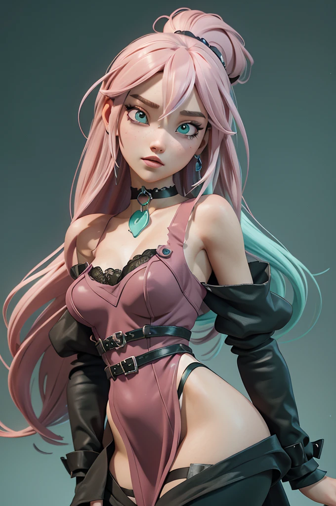 A beautifully designed 3d digital avatar of a young woman with an alternative gothic style. The character has dark, flowing hair with soft pink highlights, wearing a subtle choker and a stylish outfit that mixes dark tones with aqua green accents. The background is a gradient from black to soft pink with hints of green, giving it a mysterious yet inviting vibe. The avatar should exude creativity and elegance, perfectly representing a digital artist with a love for aesthetics